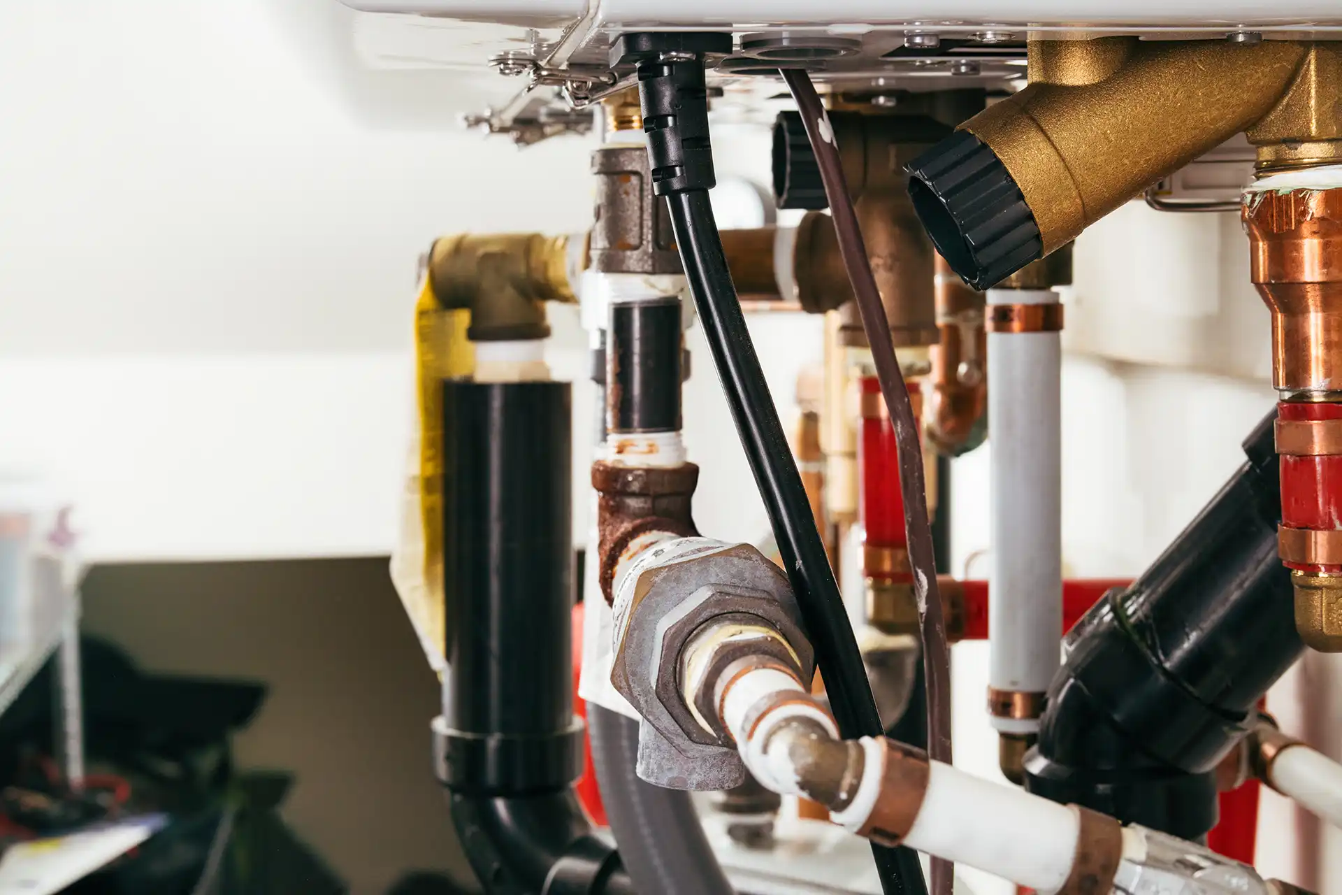Gloved technician's hands adjusting gas line fittings and valves under a unit
