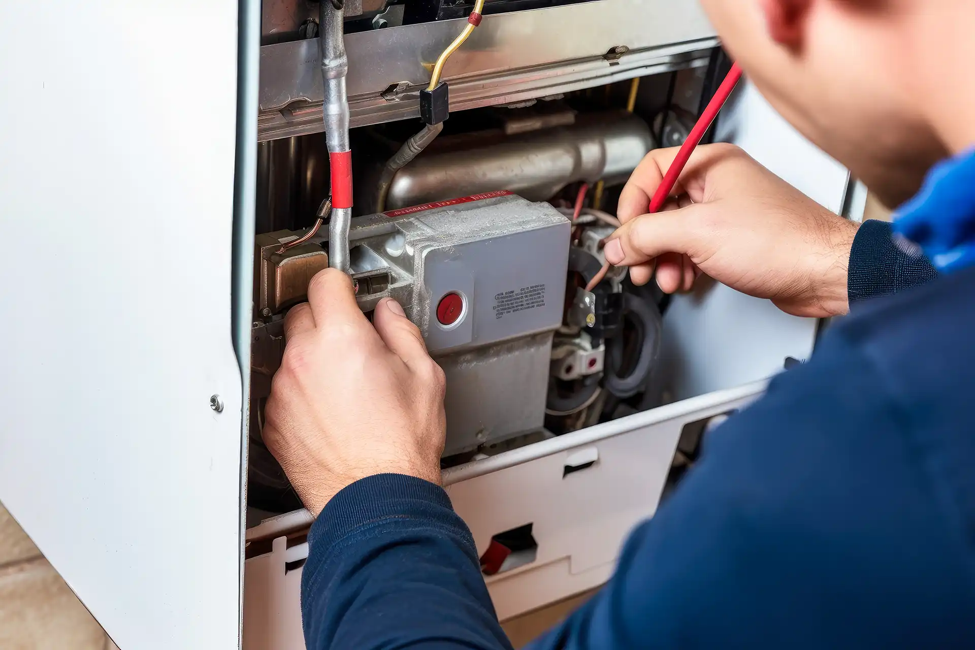 Technician wiring the gas control valve during a new furnace installation