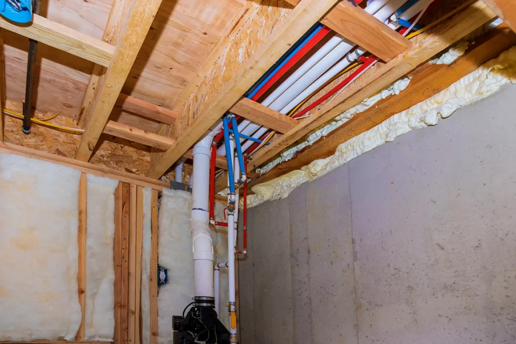 Color-coded red and blue PEX repiping installed in a home's ceiling joists and crawl space, connected to a white PVC drain stack.