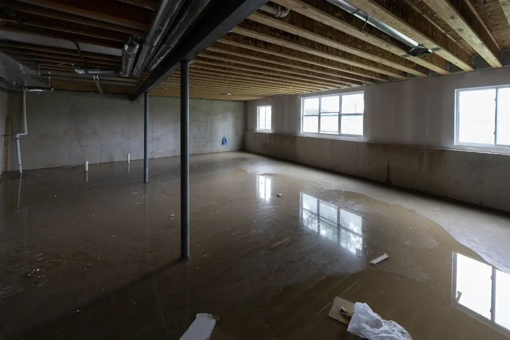 Unfinished basement flooded with standing water covering the floor beneath exposed ceiling joists and windows.