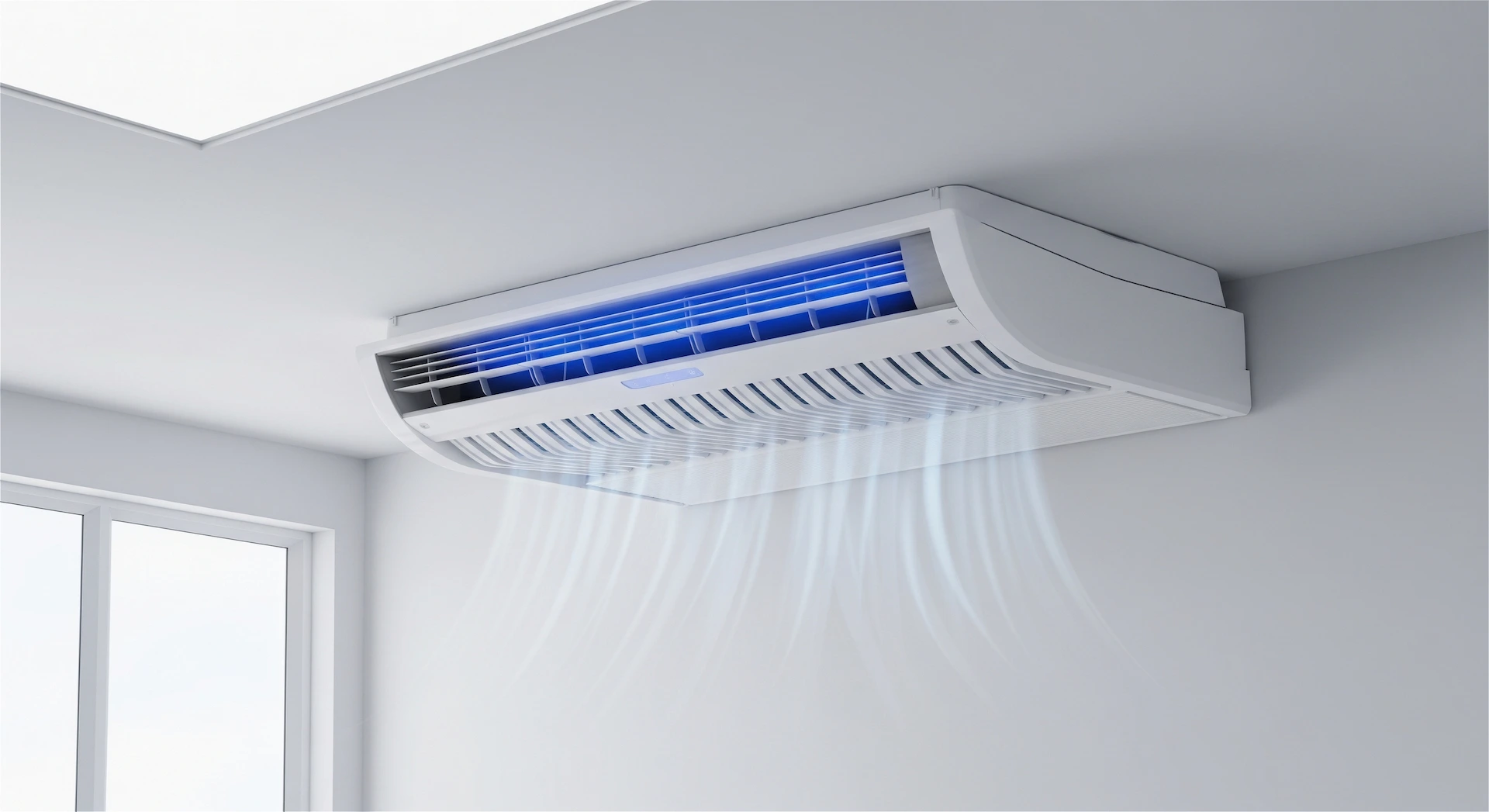 Wall-mounted ductless air conditioning unit blowing a visible stream of cool air with a blue-lit filter panel.