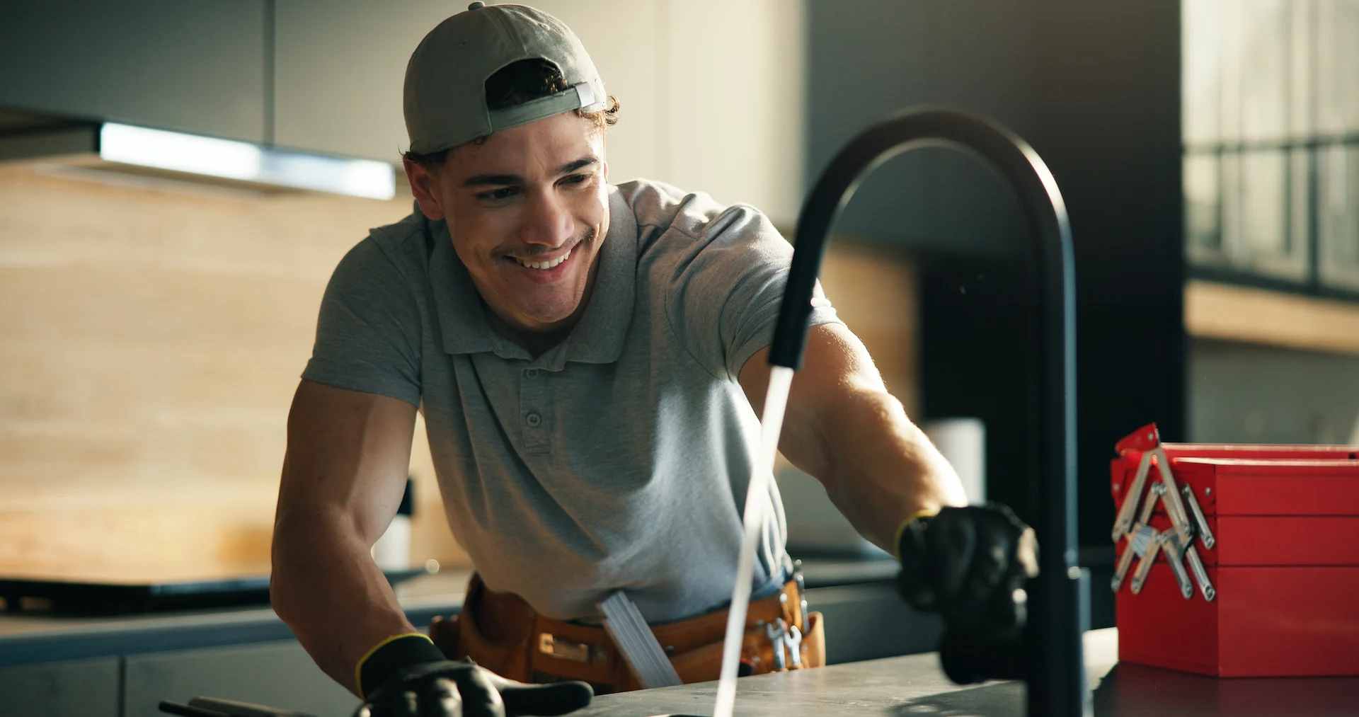 Smiling plumber wearing a tool belt and cap leaning over a countertop to install a black kitchen faucet, with a red toolbox nearby.