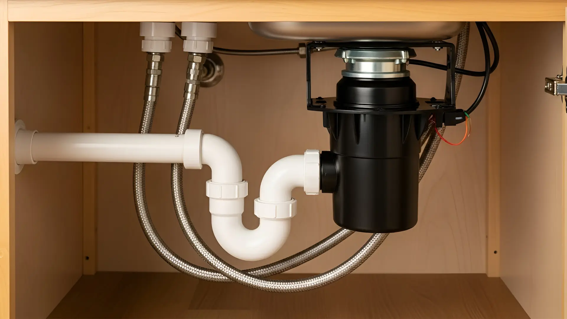 White PVC P-trap plumbing installed beneath a black garbage disposal unit under a kitchen sink, with braided supply lines.