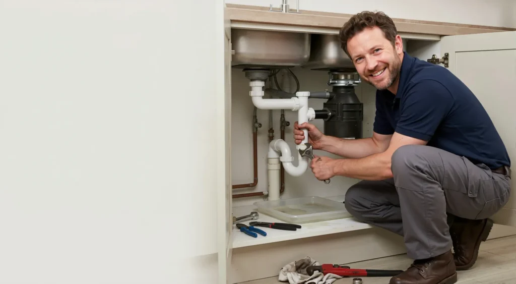 Smiling plumber crouched under a kitchen sink cabinet using pliers on a P-trap pipe near an installed garbage disposal, with a pipe wrench and rag on the floor.