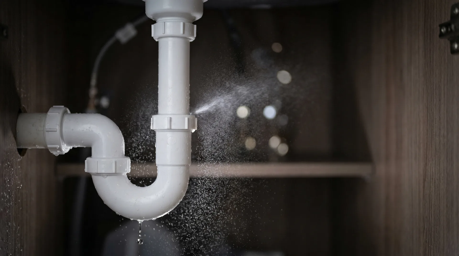Close-up of a white PVC P-trap pipe under a sink spraying water from a leak.
