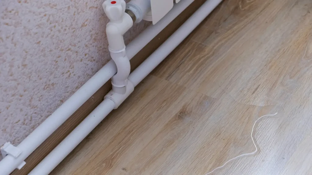 PVC pipes and a shutoff valve along a wall on laminate flooring with water seepage visible nearby.